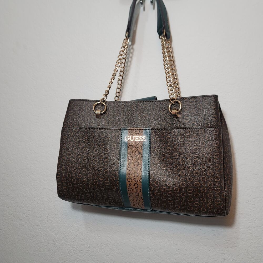 GUESS Y2K Fredericksburg Satchel Shoulder Bag brown And Green Leather